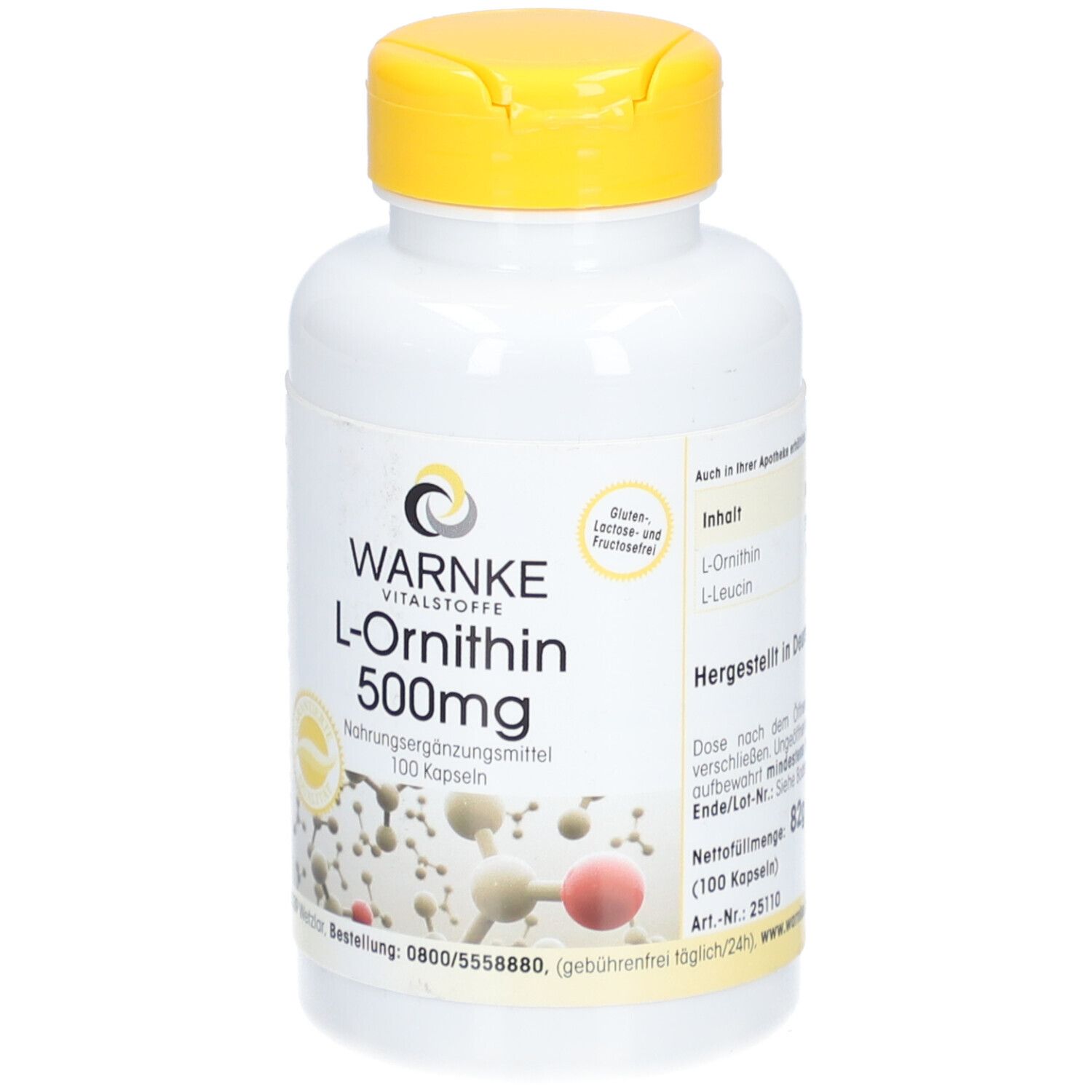 Flacone bianco con tappo giallo. Scritta: WARNKE L-Ornitina 500mg. 100 capsule. Integratore alimentare. Contenuto: L-Ornitina, L-Leucina.