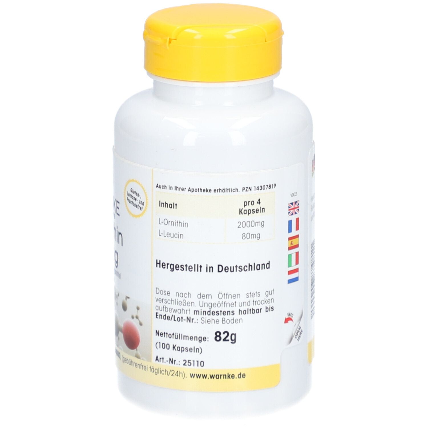 Flacone bianco con tappo giallo. Scritta: WARNKE L-Ornitina 500mg. 100 capsule. Integratore alimentare. Peso netto: 82g. Prodotto in Germania.