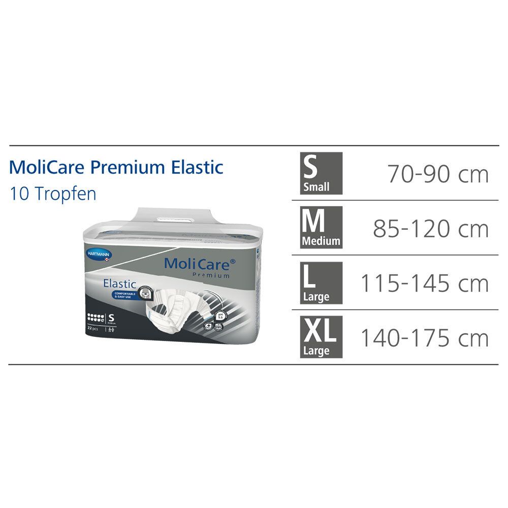 Tabella taglie per MoliCare Premium Elastic. Taglie: S (70-90 cm), M (85-120 cm), L (115-145 cm), XL (140-175 cm).