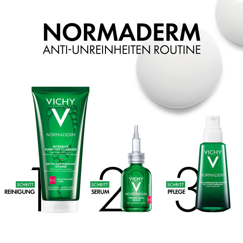 Routine Vichy Normaderm Anti-Impurità: detergente, siero e trattamento.