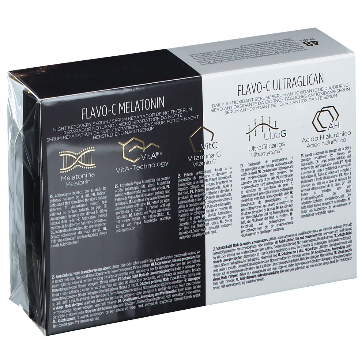Retro della confezione con informazioni sul prodotto. Scritta: Flavo-C Melatonin, siero riparatore notte. Flavo-C Ultraglican, siero antiossidante.