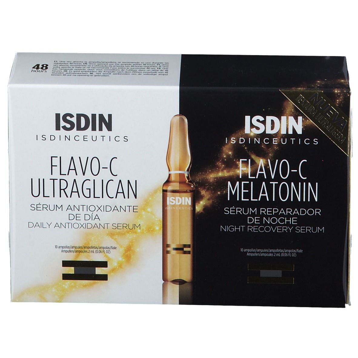 Confezione con due scatole di prodotti. Scritta: ISDIN ISDINCEUTICS Flavo-C Ultraglican, siero antiossidante da giorno. Fiala visibile. Flavo-C Melatonin.