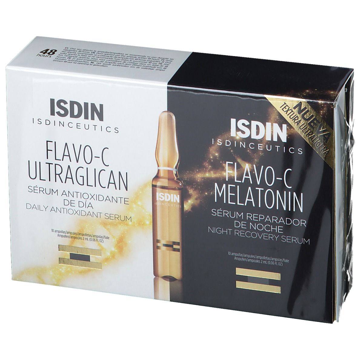 Confezione con due scatole di prodotti. Scritta: ISDIN ISDINCEUTICS Flavo-C Ultraglican, siero antiossidante da giorno. Flavo-C Melatonin. Nuova texture Ultra.