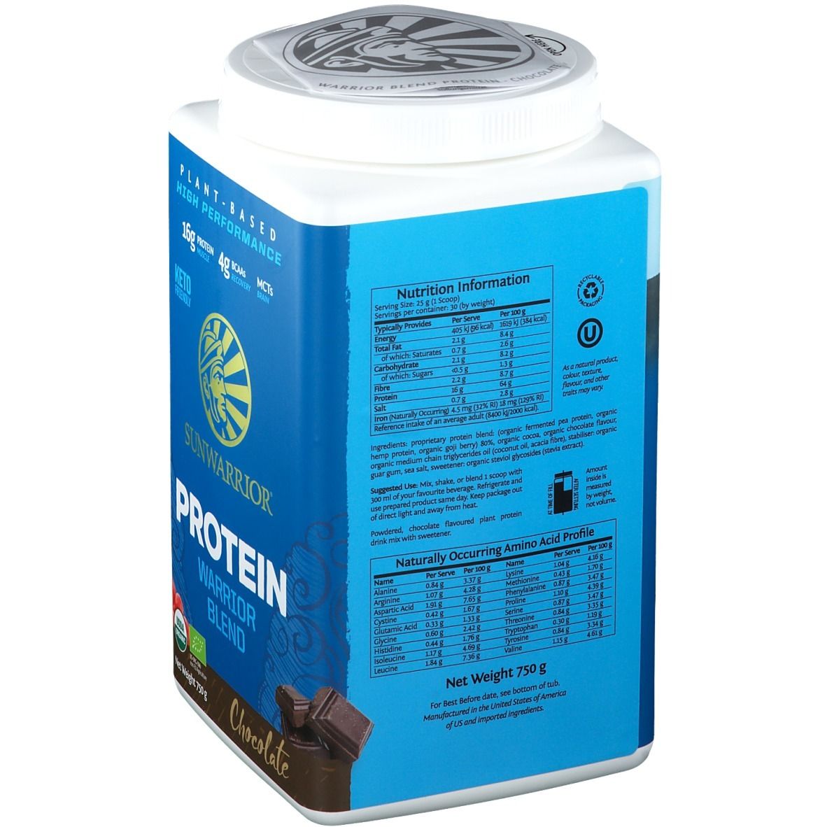 Retro barattolo blu SUNWARRIOR Protein Warrior Blend Chocolate. Contiene informazioni nutrizionali e profilo aminoacidi. 750g.