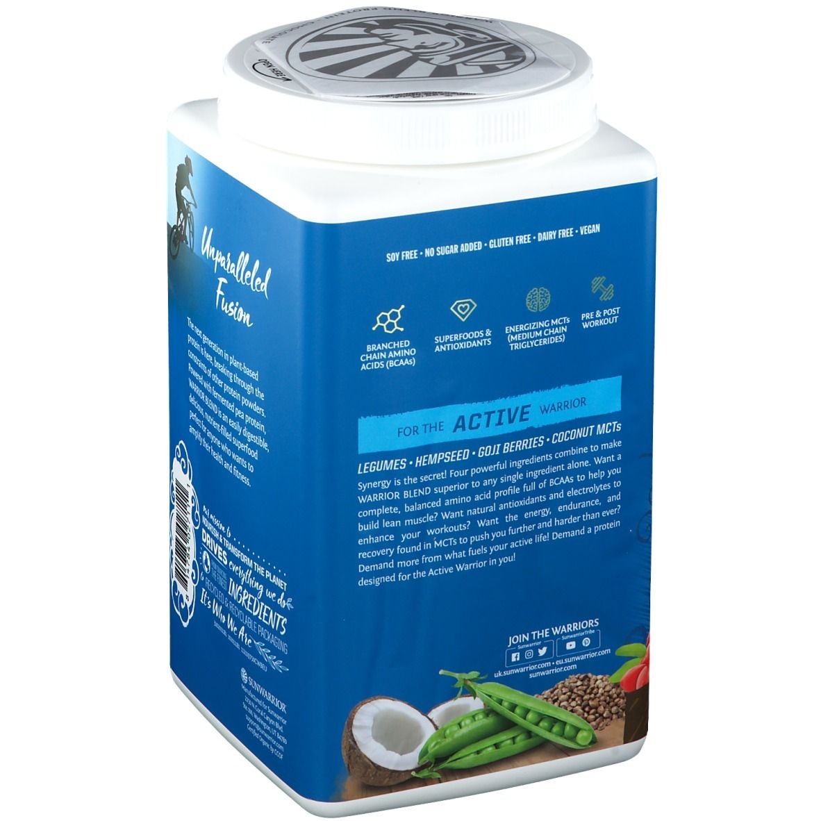 Retro barattolo blu SUNWARRIOR Protein Warrior Blend Chocolate. Info ingredienti, tra cui legumi, MCT.