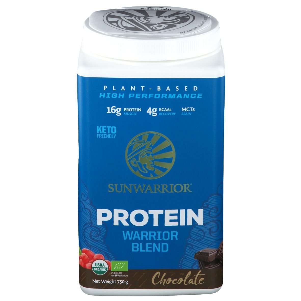 Barattolo blu SUNWARRIOR Protein Warrior Blend Chocolate. 16g proteine, 4g BCAA. Keto friendly. Certificazione bio. 750g.