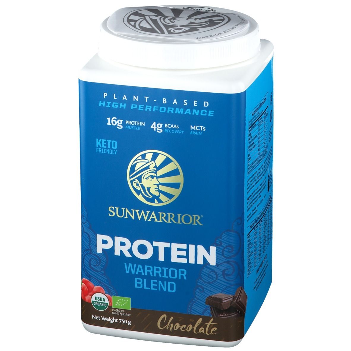 Barattolo blu SUNWARRIOR Protein Warrior Blend Chocolate. 16g proteine, 4g BCAA. Keto friendly. Certificazione bio. 750g.
