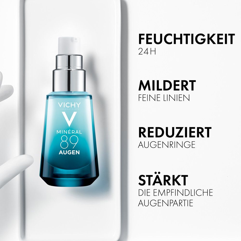 Flacone Vichy Minéral 89 Cura Occhi accanto a testi su idratazione, attenuazione delle rughe, riduzione occhiaie e rafforzamento.