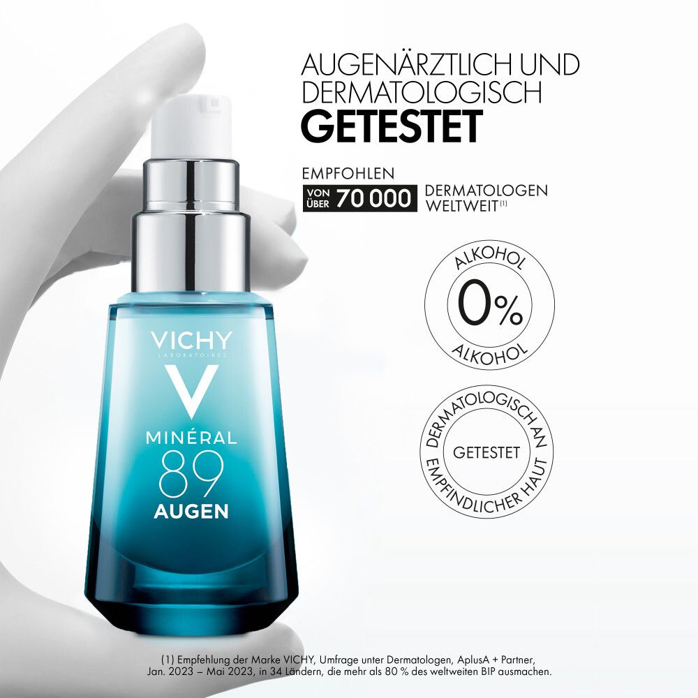 Flacone Vichy Minéral 89 Cura Occhi circondato da elementi liquidi simili al ghiaccio, con testo su 8 ore di idratazione e rafforzamento.