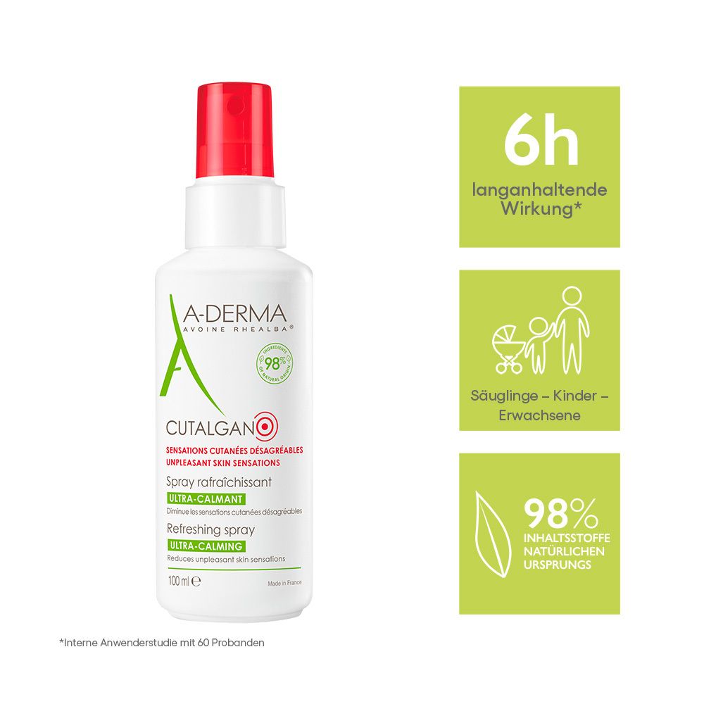 A-DERMA Cutalgan Spray. Flacone con testo e grafiche verdi. 6h di efficacia, neonati-bambini-adulti, 98% ingredienti naturali.