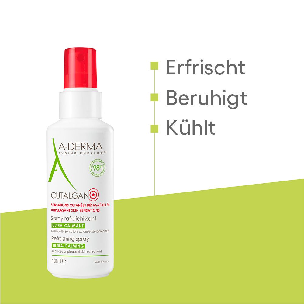 A-DERMA Cutalgan Spray. Flacone con testo e grafiche verdi. Rinfresca, Calma, Rinfresca.