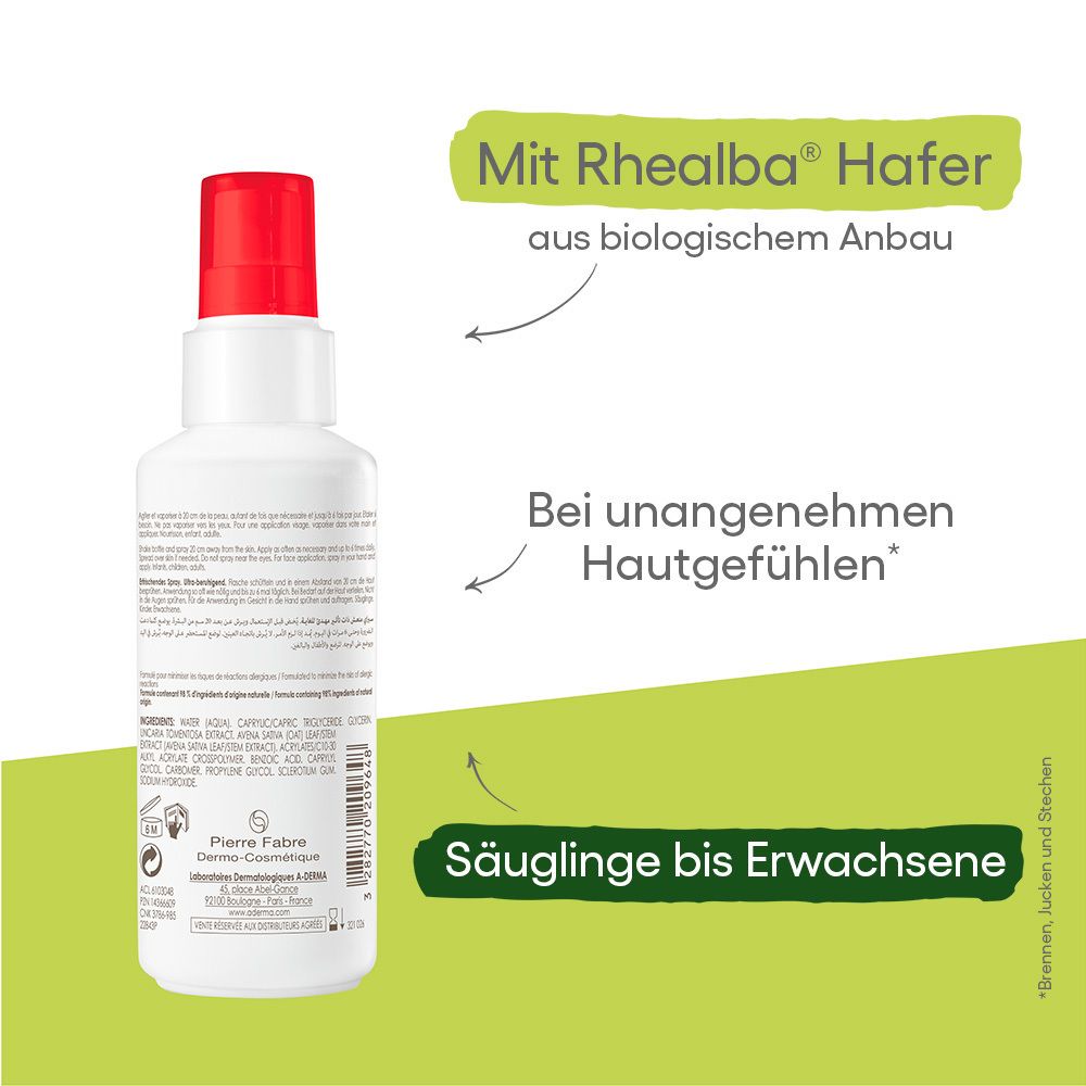 A-DERMA Cutalgan Spray. Retro del flacone. Testo: Con Avena Rhealba da agricoltura biologica. Neonati ad adulti.