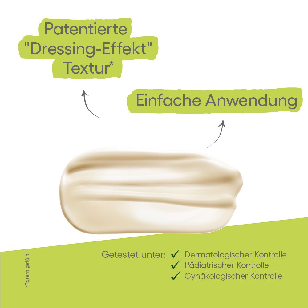 Dimostrazione della texture. Testo: Texture "Effetto Bendaggio" brevettata. Facile applicazione. Testato sotto controllo dermatologico, pediatrico, ginecologico.