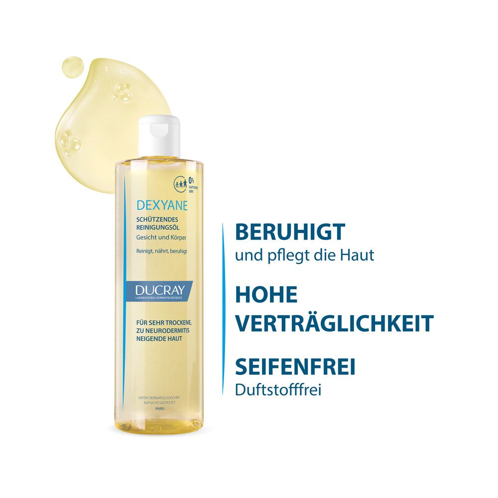 Ducray Dexyane olio lavante protettivo per viso e corpo. Liquido giallo in flacone trasparente.