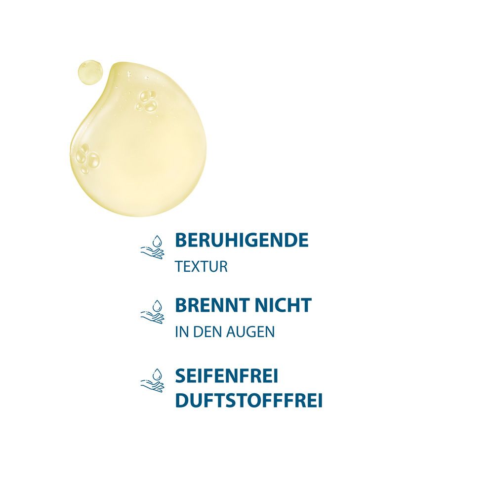 Goccia di gel con testo: Texture lenitiva, Non brucia negli occhi, Senza sapone, Senza profumo.