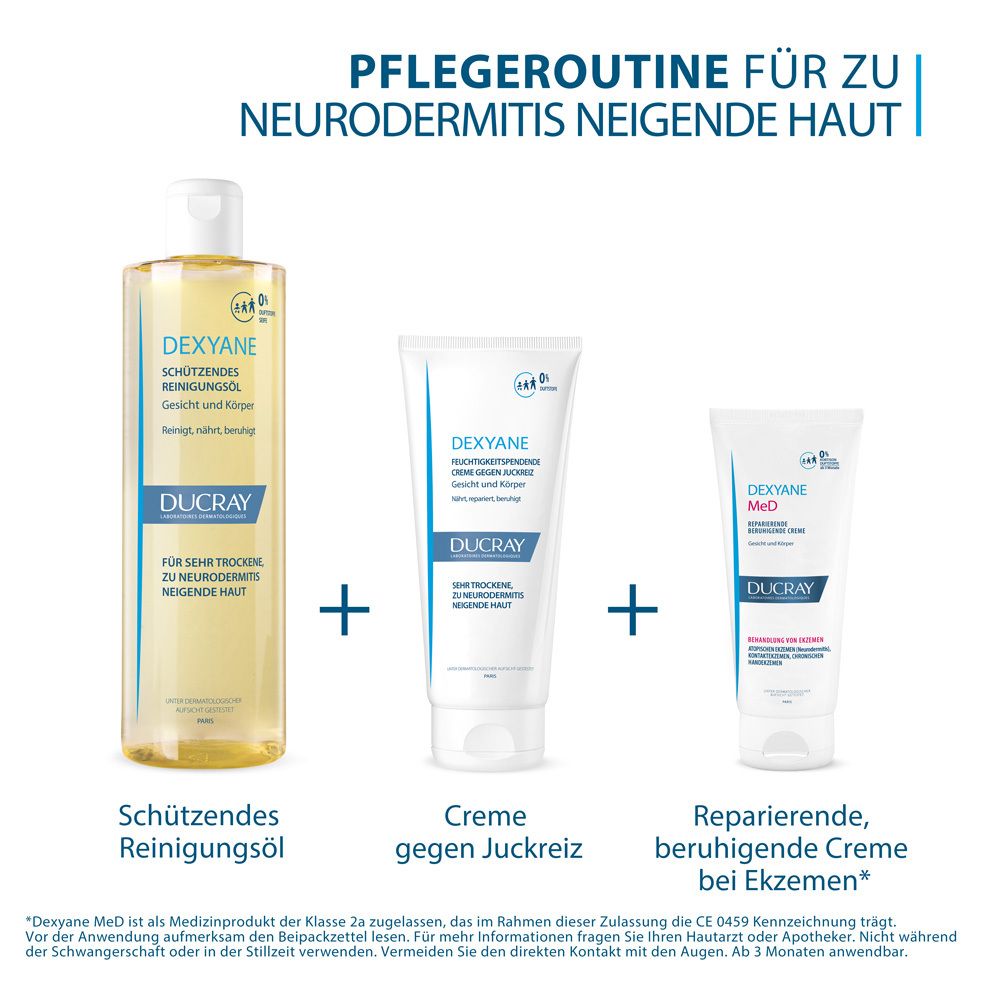 Olio detergente protettivo Ducray Dexyane in flacone trasparente con tappo bianco.