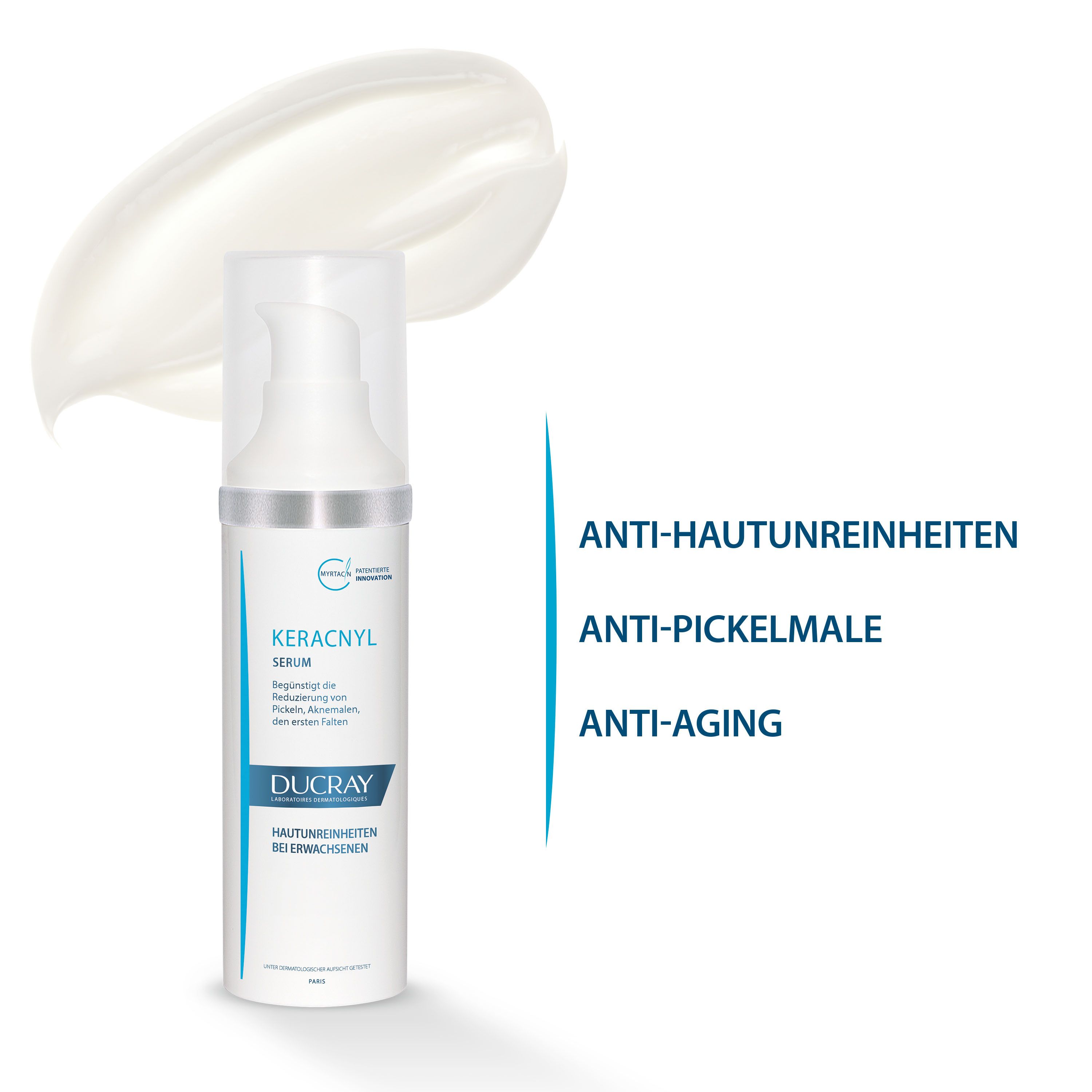 Flacone con goccia di siero. Testo: Anti-imperfezioni, anti-segni, anti-età.