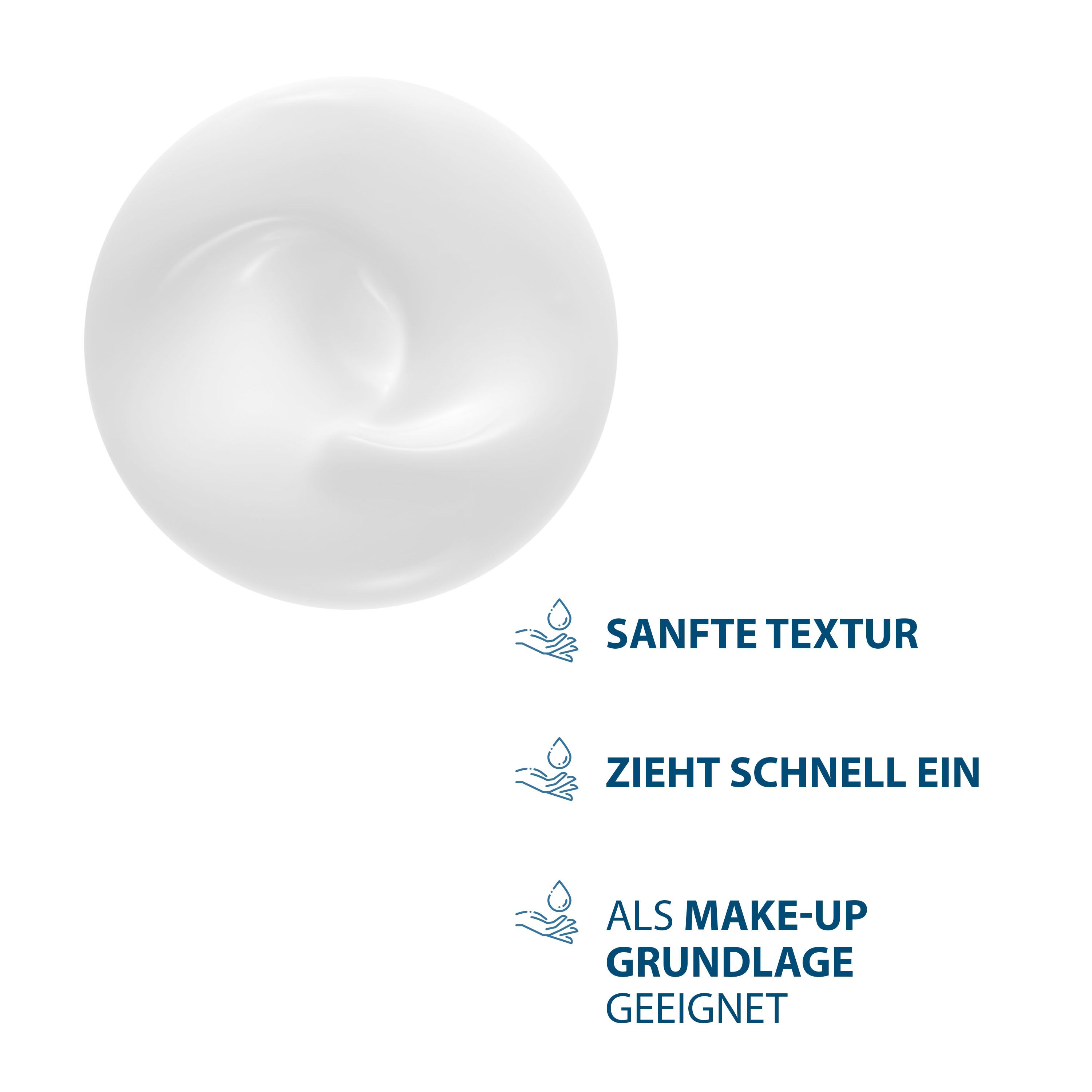 Texture crema bianca. Testo: Texture delicata, assorbimento rapido, adatta come base trucco.