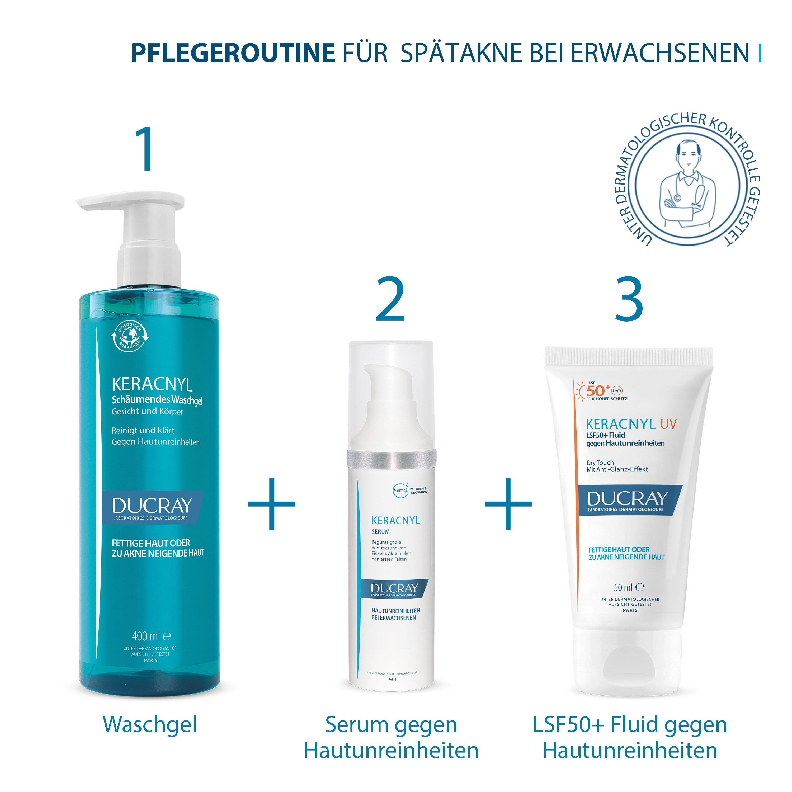 Tre prodotti: gel detergente, siero, fluido SPF50+. Testo: Routine di cura per l'acne tardiva negli adulti.