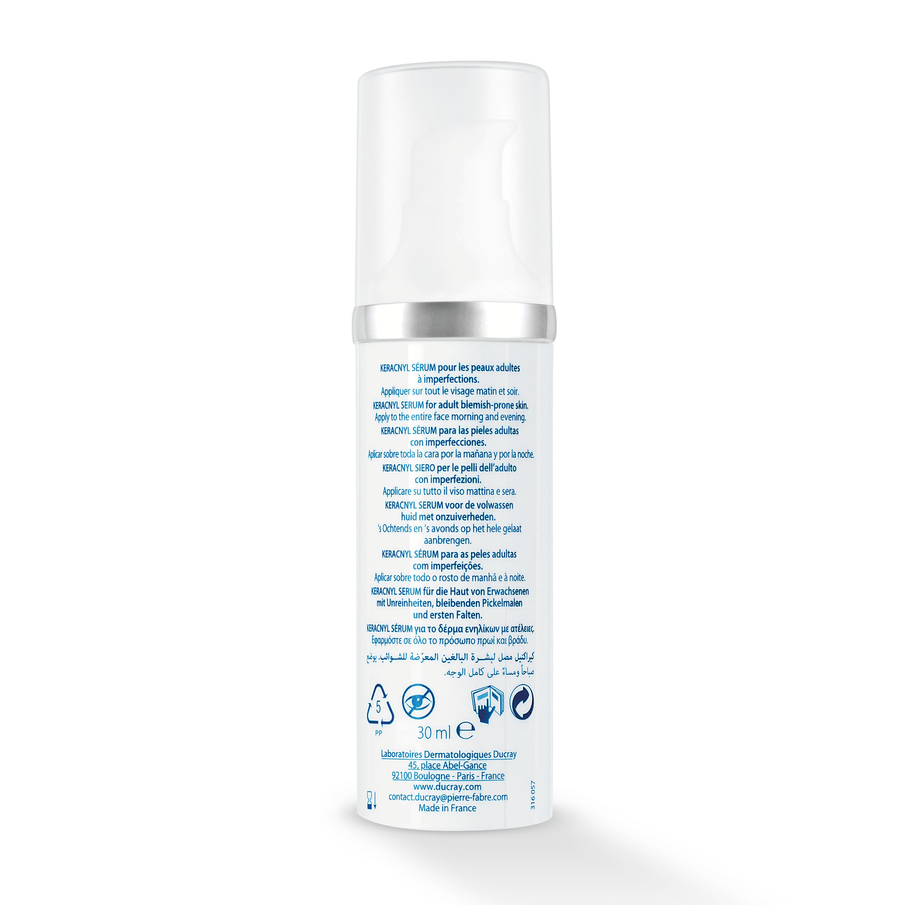 Retro del flacone. Testo multilingue. 30 ml.