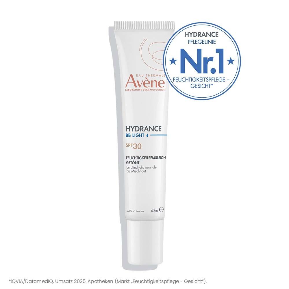 Tubo bianco con testo e logo. Mostra: Hydrance BB Light, cura idratante viso. N. 1.