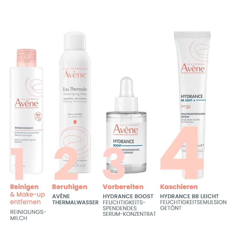 Quattro prodotti affiancati. Latte detergente, acqua termale, siero, Hydrance BB Light colorato.