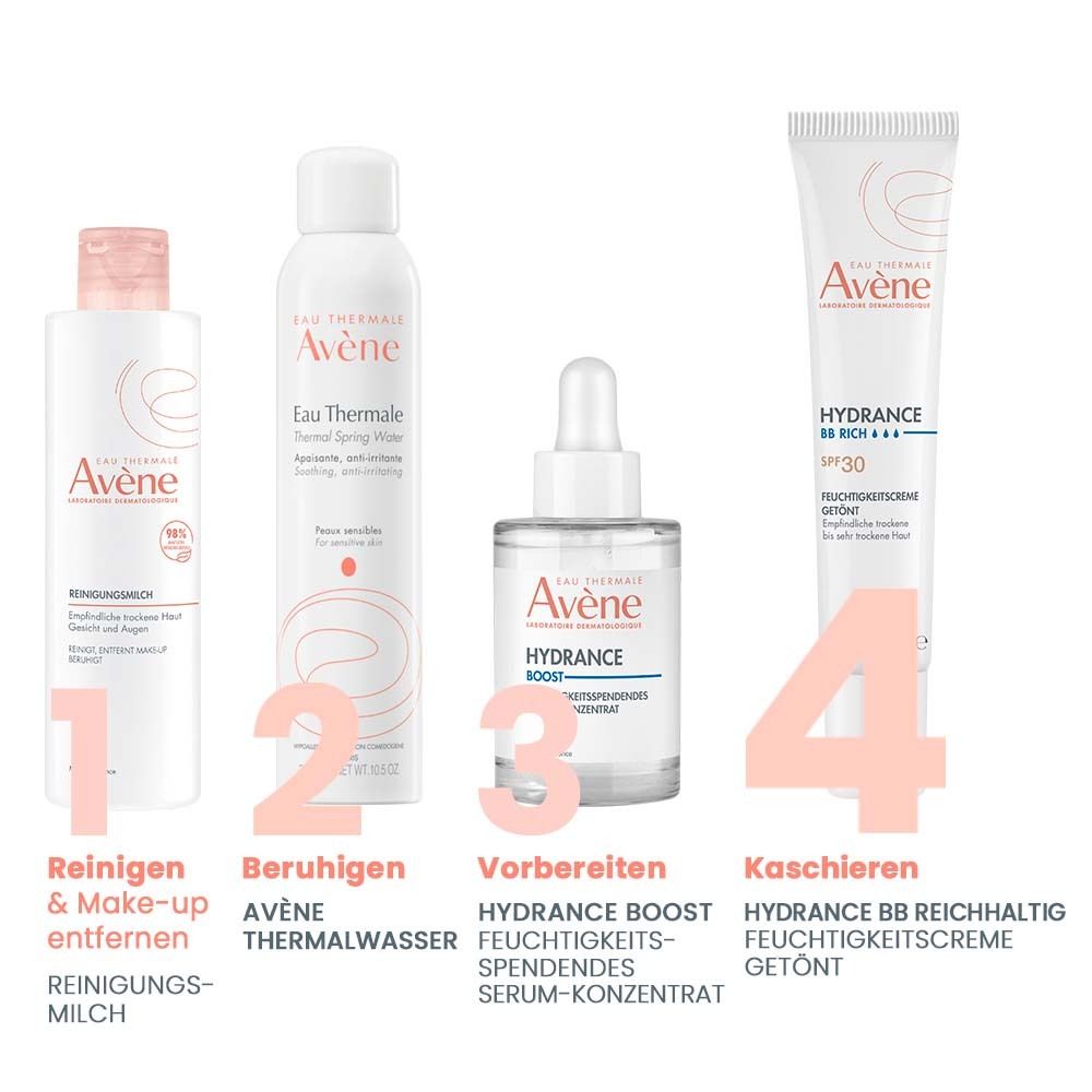 Routine Avène Hydrance: Detergere, Lenire, Preparare, Coprire con BB-Crema.