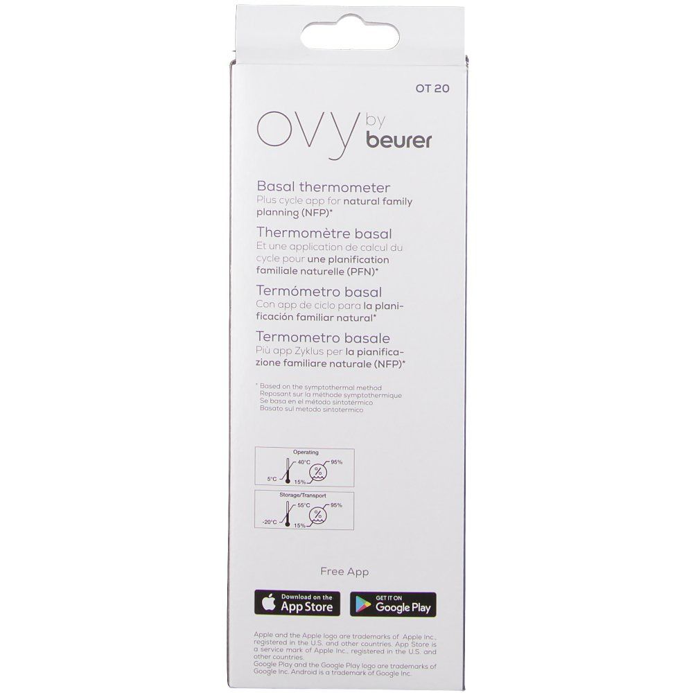 Retro della confezione del termometro basale. Testo multilingue. Informazioni sull'app.