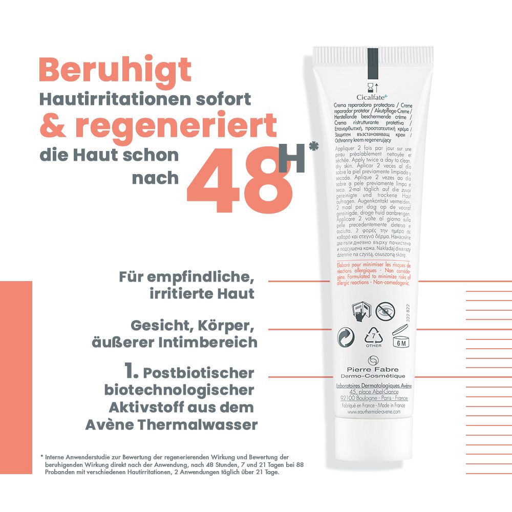 Retro del tubo di crema con testo. Testo: lenisce le irritazioni cutanee, rigenera la pelle dopo 48 ore. Per pelli sensibili e irritate.
