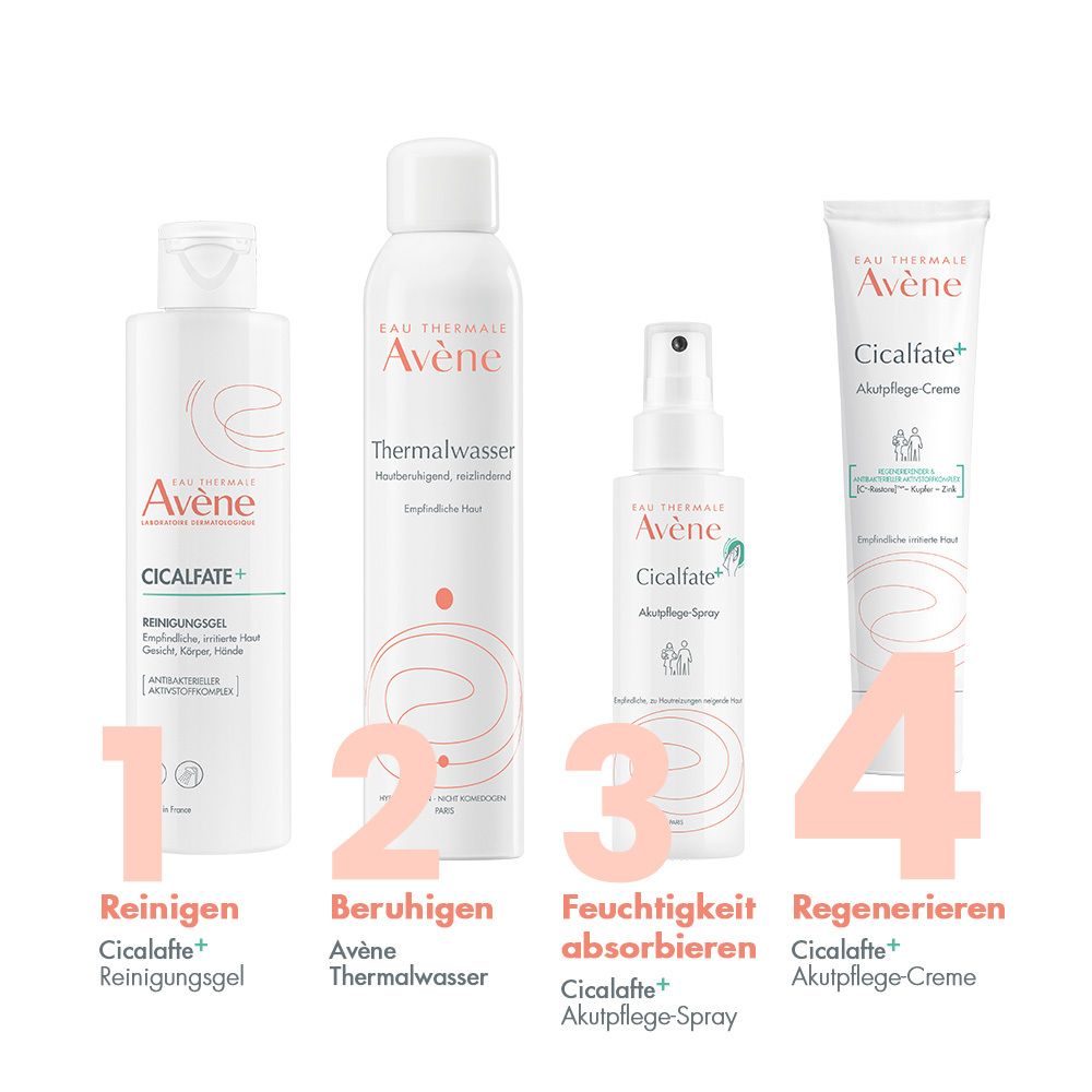 Quattro prodotti: gel detergente, acqua termale, spray, crema. Didascalie: Pulire, Lenire, Idratare, Rigenerare.