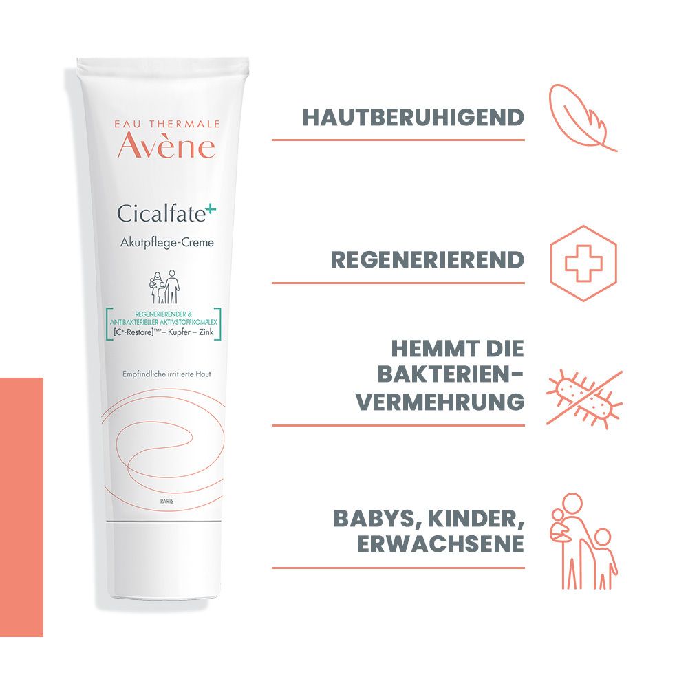 Tubo bianco con nome e logo del prodotto. Testo: Cicalfate+ Crema riparatrice protettiva. Proprietà: lenitiva, rigenerante, antibatterica.