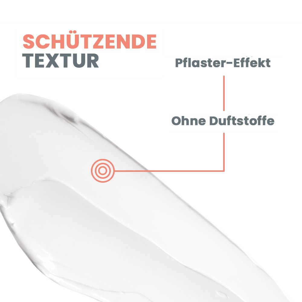 Primo piano di una crema. Testo: Texture protettiva, effetto cerotto, senza profumo. Cerchio rosso.