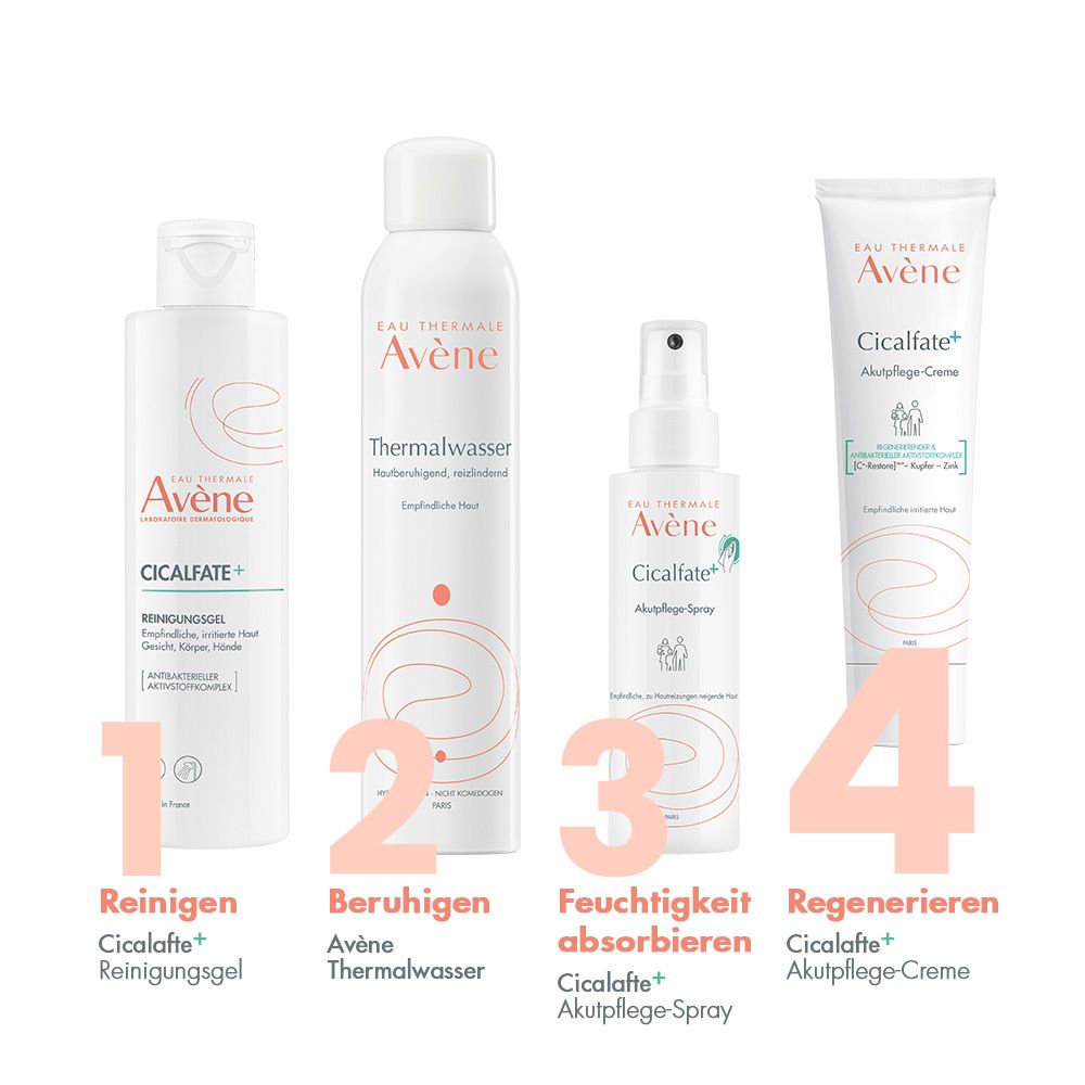 Quattro prodotti Avène Cicalfate: gel detergente, acqua termale, spray riparatore e crema riparatrice.