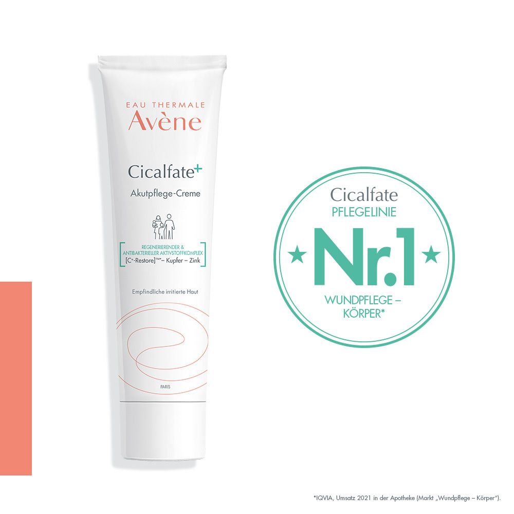 Tubo bianco con nome e logo del prodotto. Testo: Cicalfate+ Crema riparatrice protettiva. N.1 Cura delle ferite corpo. Sigillo verde.