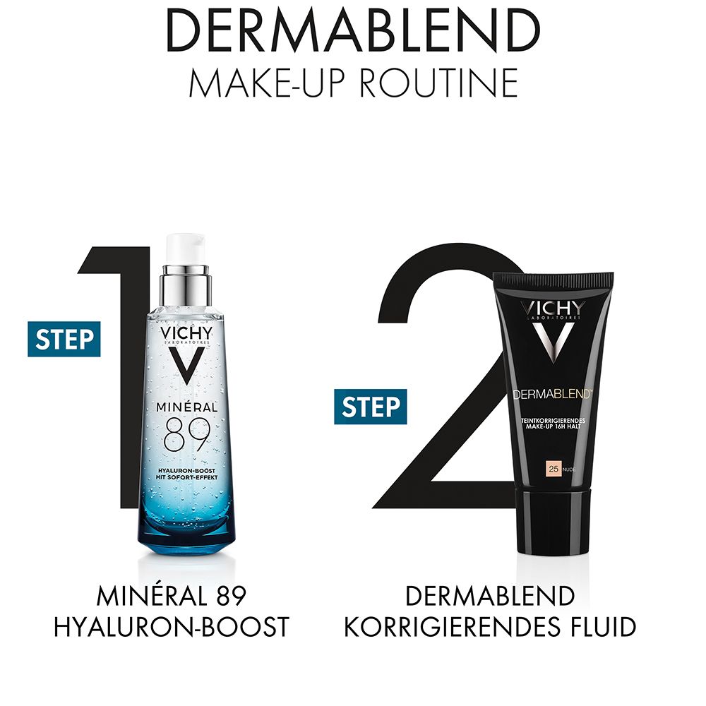 Due prodotti affiancati. Testo: STEP 1, STEP 2. Prodotti: MINÉRAL 89, DERMABLEND.