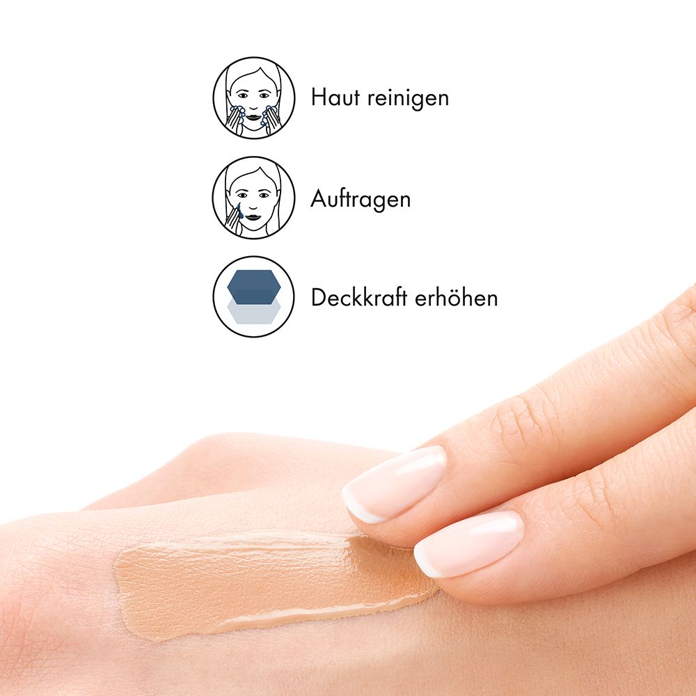 Mano con applicazione di trucco. Testo: Pulire la pelle, Applicare, Aumentare la coprenza.