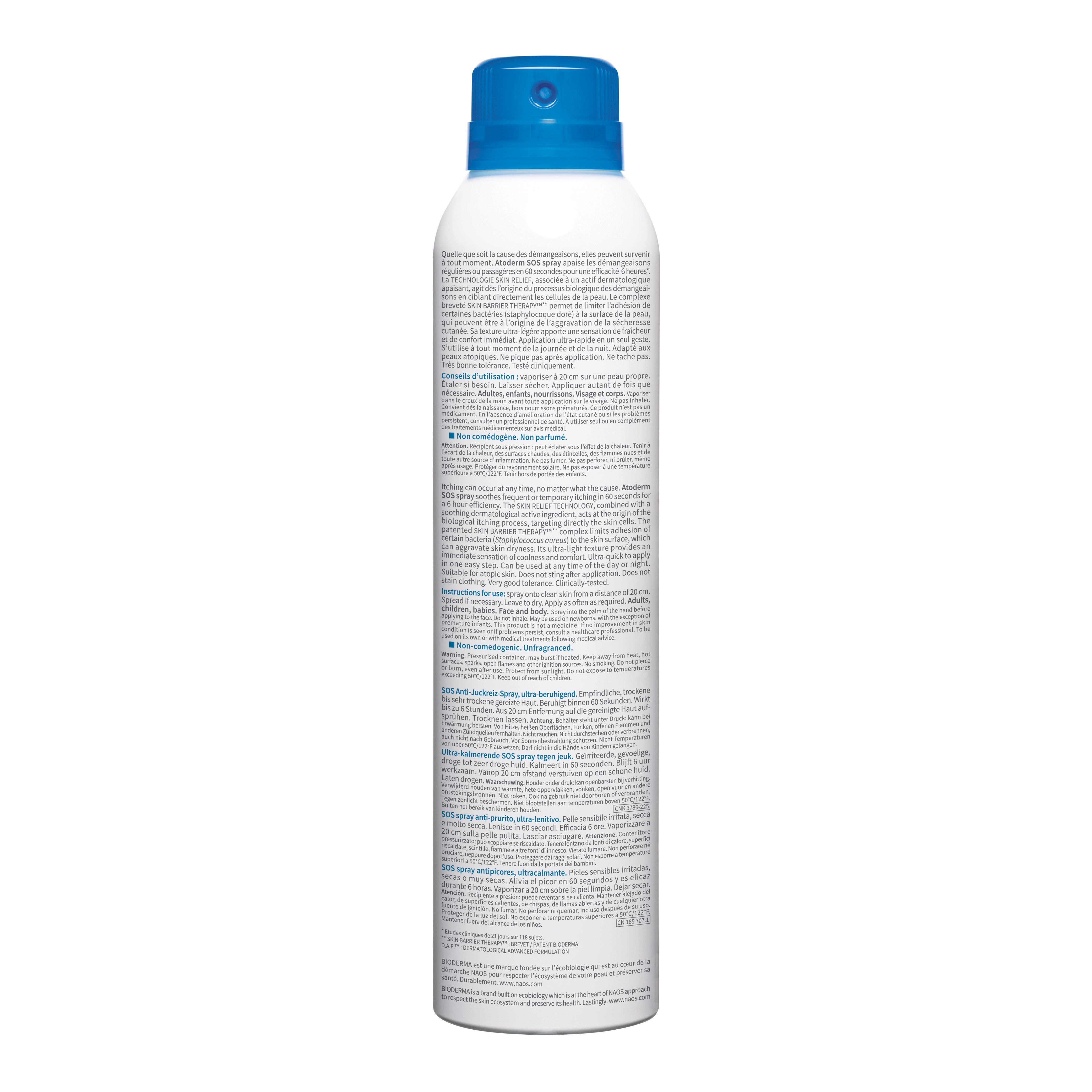 Retro del flacone spray. Contiene informazioni su ingredienti, uso e avvertenze in diverse lingue.