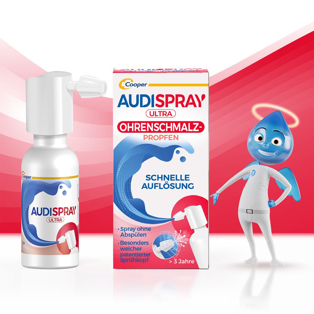 Flacone e confezione Audispray Ultra. Flacone con erogatore, confezione e personaggio dei cartoni animati.