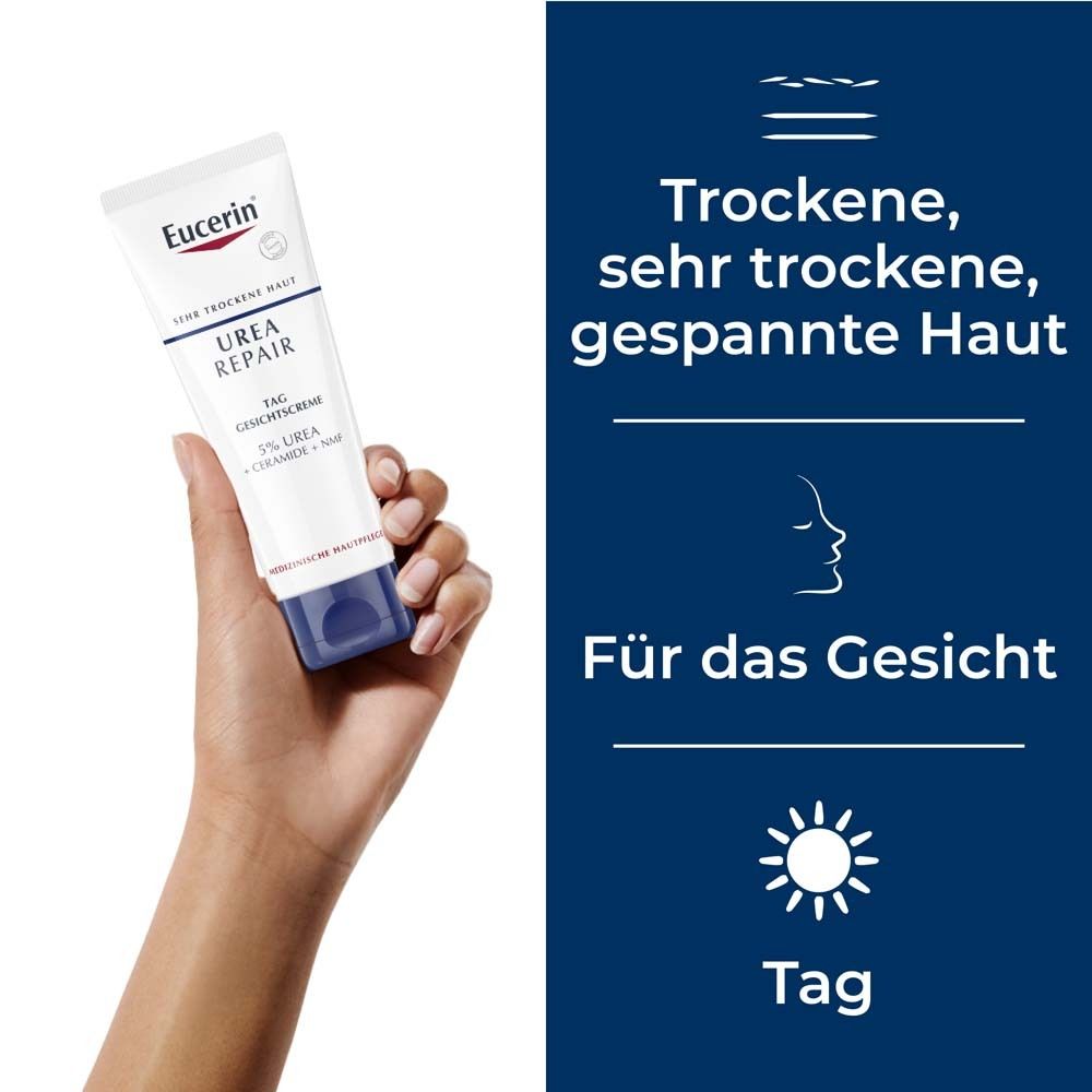 Campione di crema con etichette: 5% Urea, Ceramidi, Fattori Naturali di Idratazione (NMF).