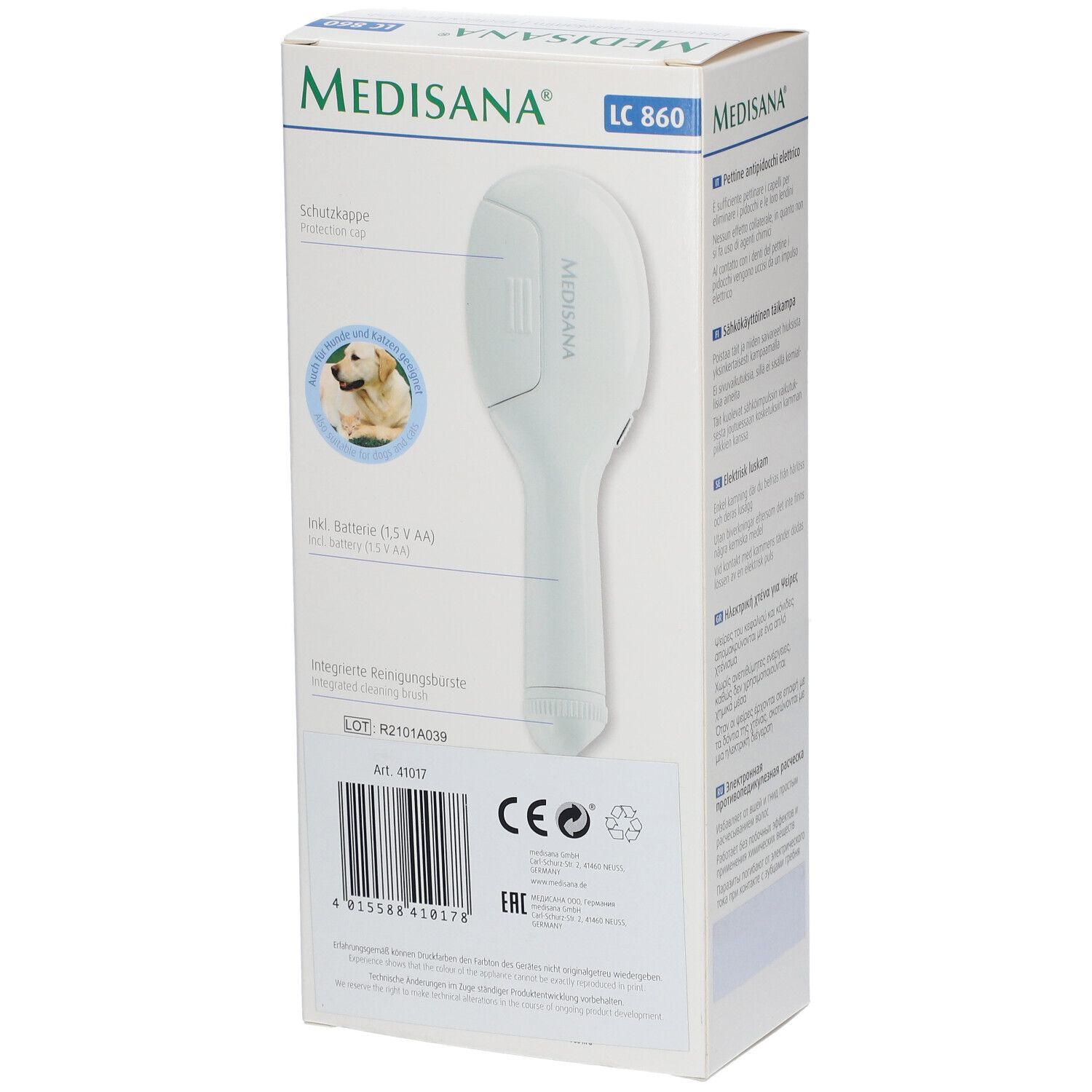 Pettine elettrico Medisana LC 860. Retro della confezione. Immagine e testo. Batteria e marchio CE.