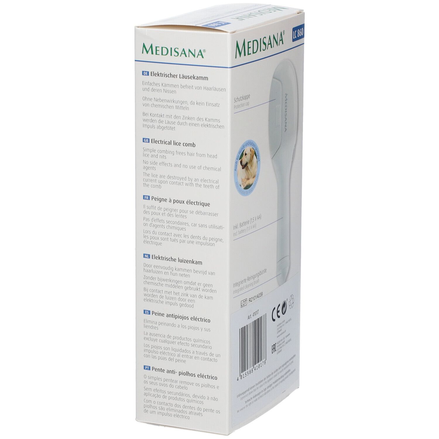 Pettine elettrico Medisana LC 860. Confezione. Immagine e testo. Testi multilingue sul lato.