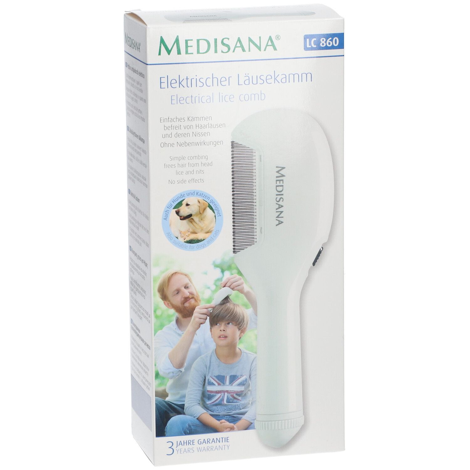 Confezione bianca. Pettine elettrico Medisana LC 860. Immagine del prodotto e testo. Garanzia 3 anni.