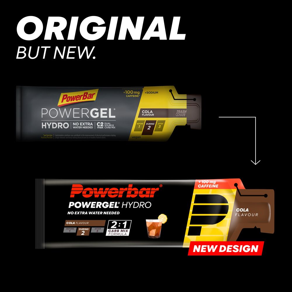 Confronto PowerBar Powergel Hydro Cola. Sopra: vecchia confezione. Sotto: nuova confezione. Sfondo nero.