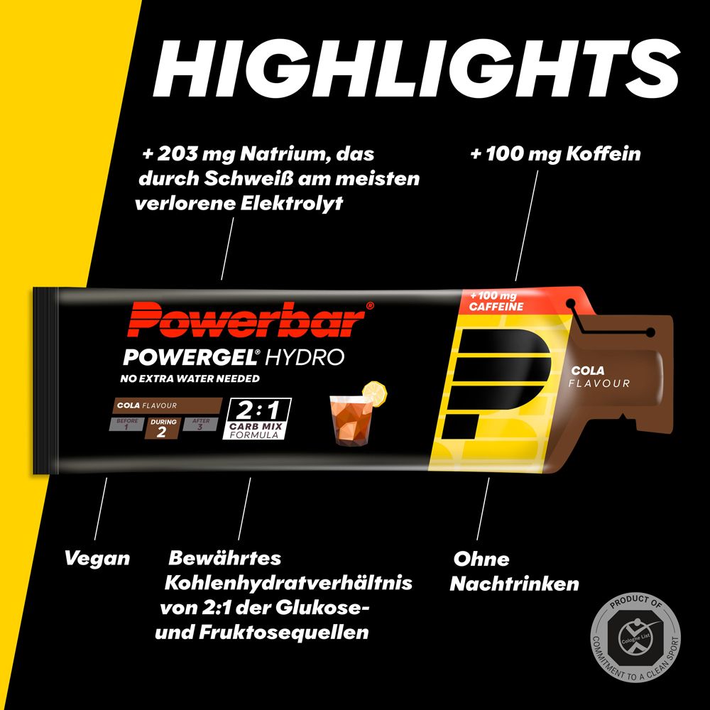 PowerBar Powergel Hydro Cola. Confezione nera con dettagli gialli. Contiene sodio e caffeina. Mix carboidrati 2:1.
