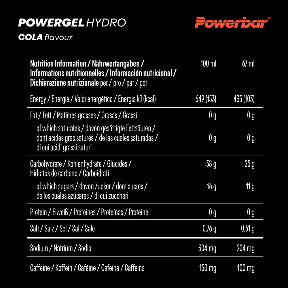 Tabella nutrizionale PowerBar Powergel Hydro Cola. Informazioni in tedesco, inglese, francese e italiano.