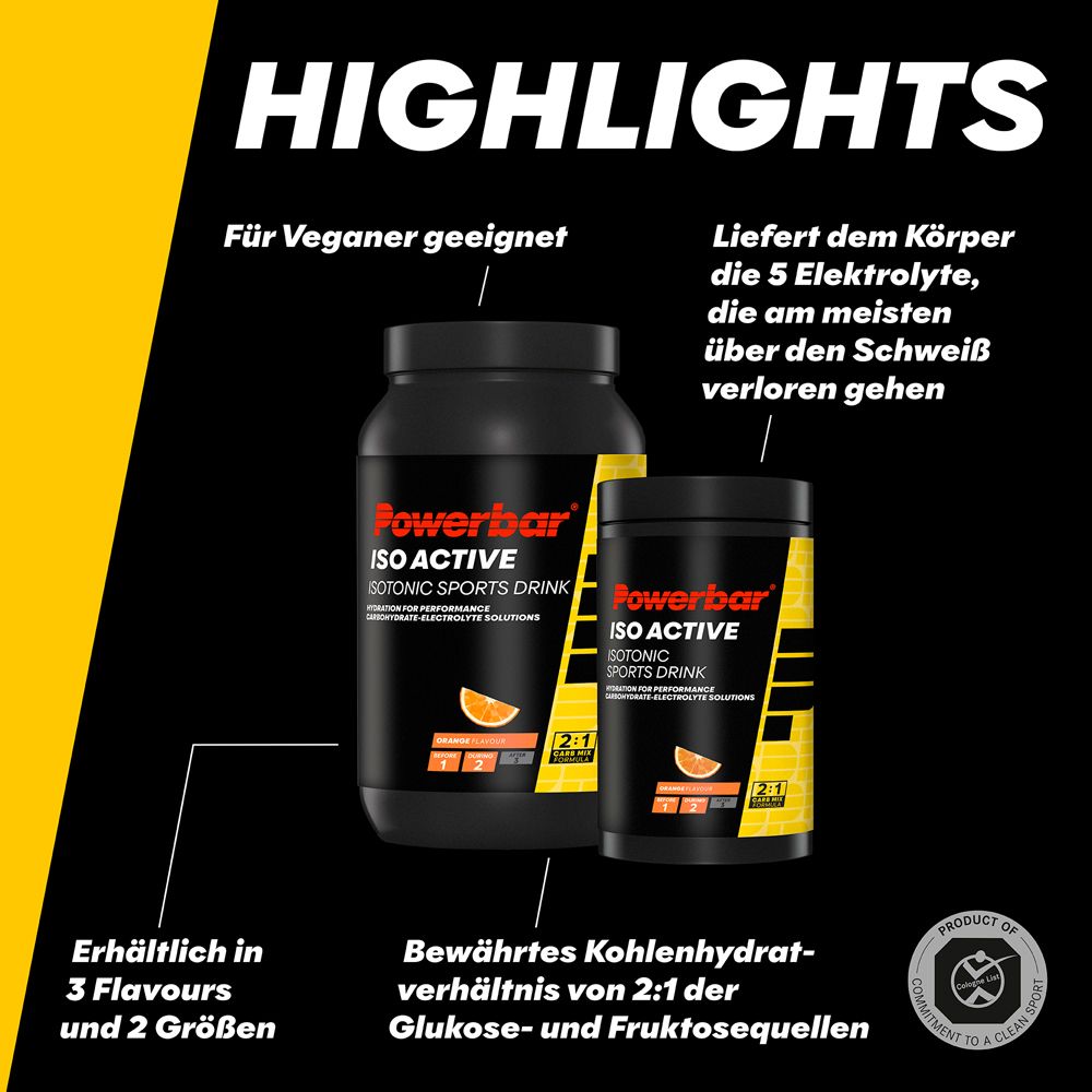 Due barattoli PowerBar® Isoactive. Scritta: ISO ACTIVE, bevanda sportiva isotonica. Testo: Adatto ai vegani. Disponibile in 3 gusti.