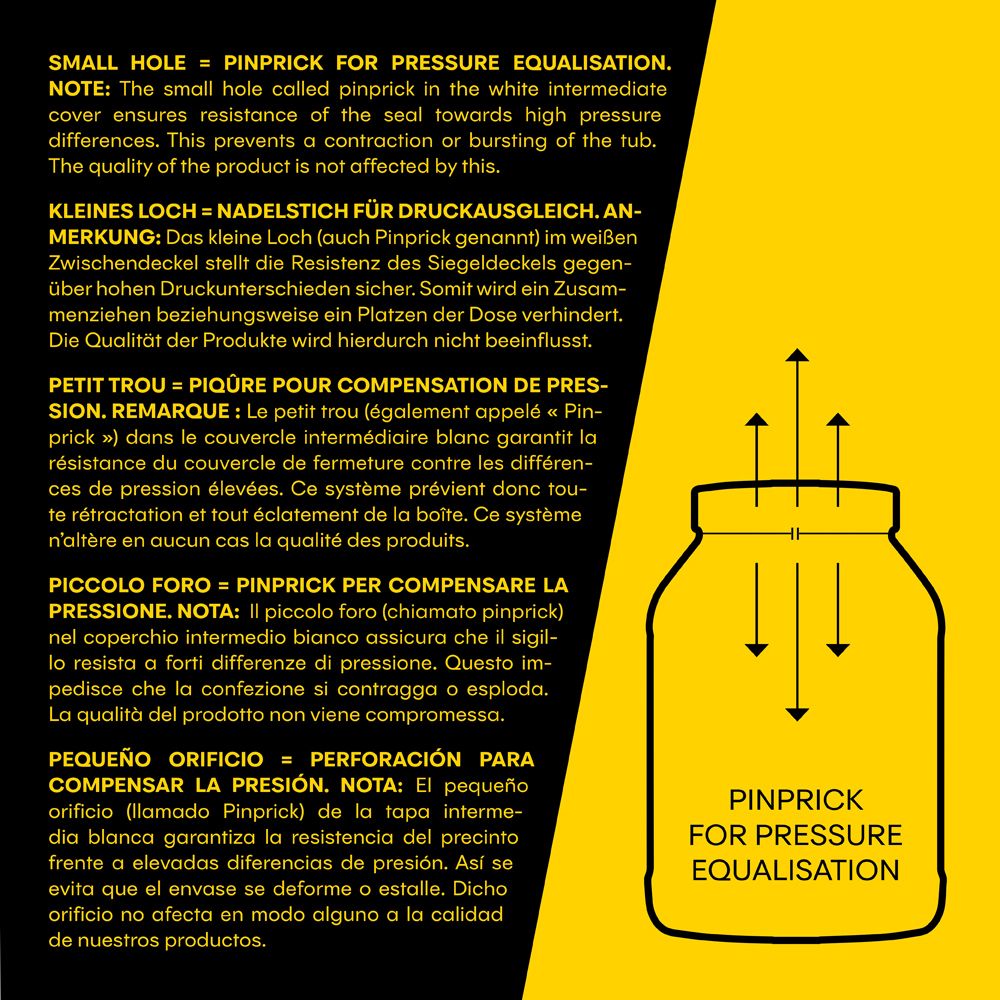 Sfondo giallo con testo su un piccolo foro per la compensazione della pressione. Illustrazione di un barattolo con frecce.