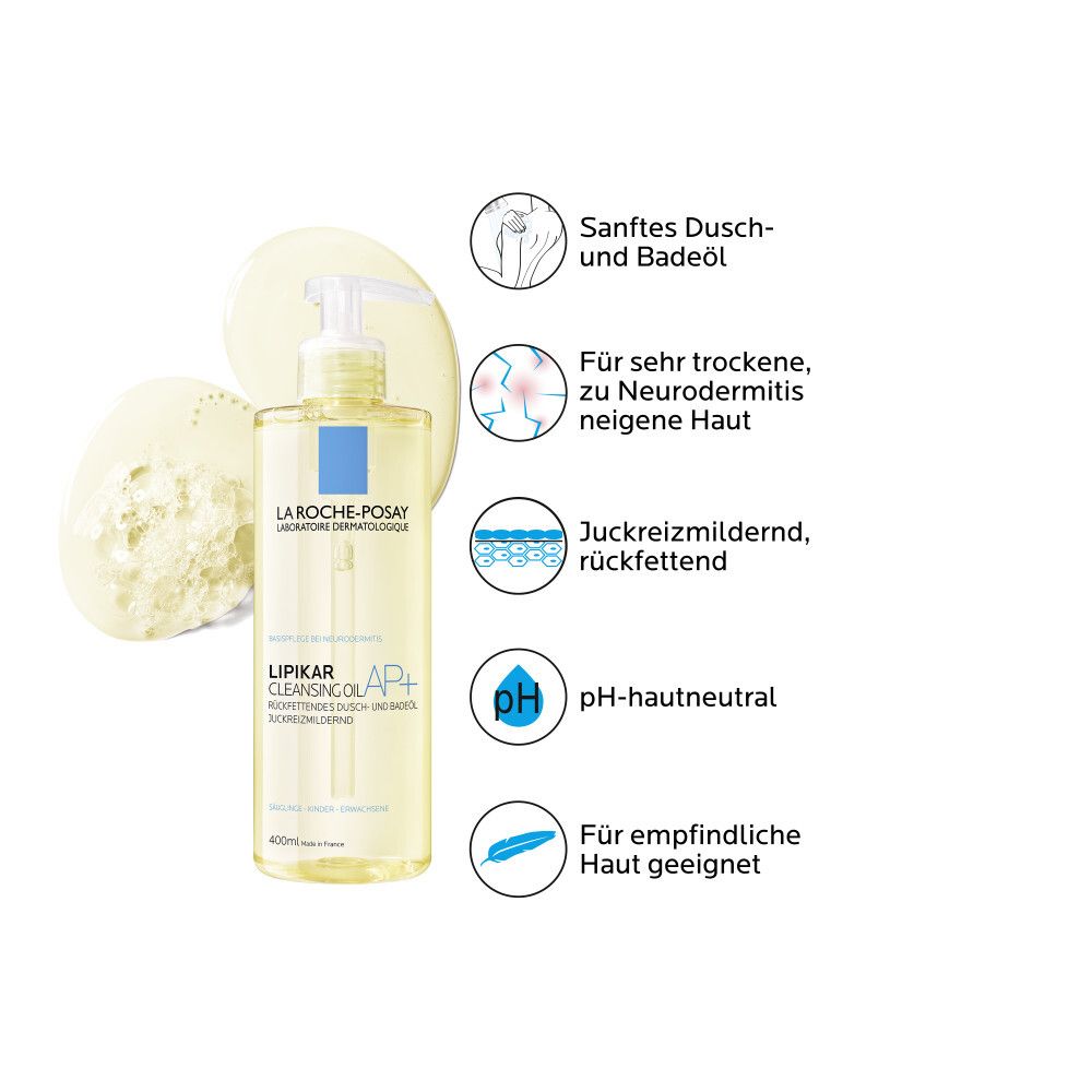 Flacone di La Roche-Posay Lipikar Dusch- und Badeöl AP+. Testo e icone mostrano le proprietà: pelle secca, antiprurito, pH neutro.