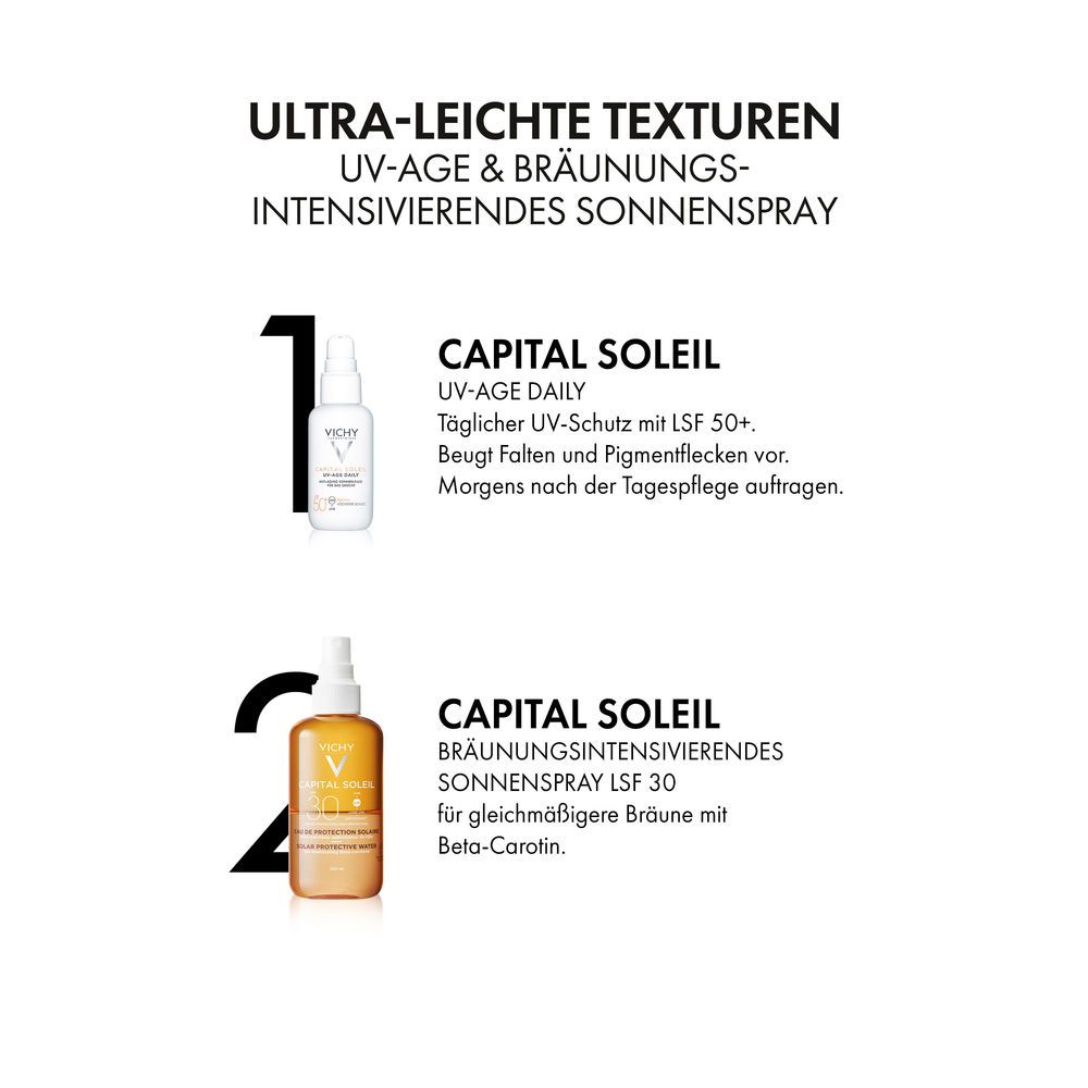 Confronto tra Vichy Capital Soleil UV-Age Daily SPF 50+ e spray solare SPF 30 con Beta-Carotene.