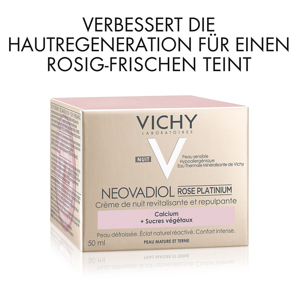 Confezione. Testo: VICHY, NEOVADIOL ROSE PLATINIUM NOTTE. Crema per pelli mature.